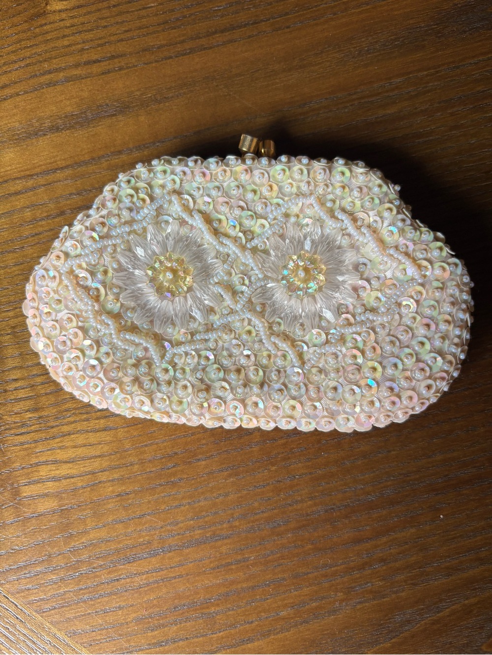 Vintage Hong Kong Ivory Beaded Sequin Coin Purse Floral Bridal Mini-Clutch